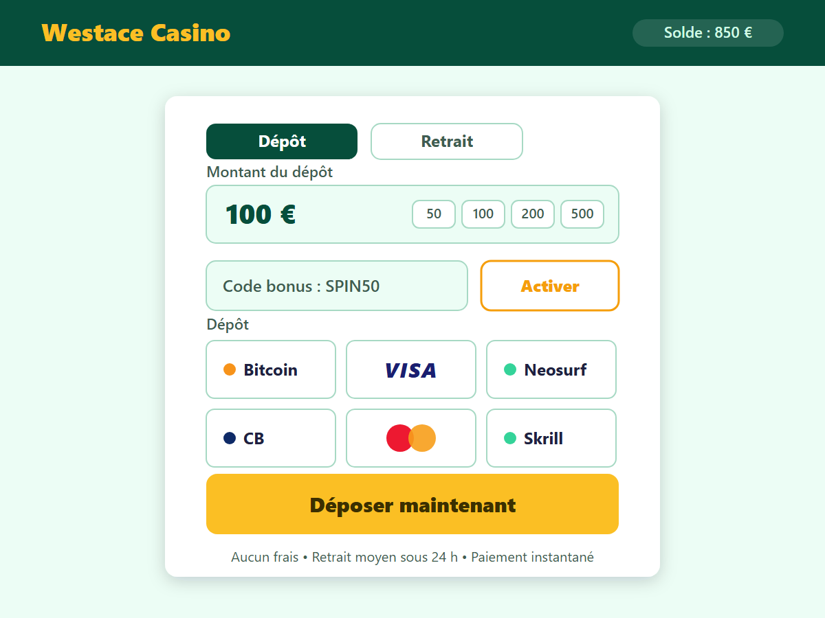 Page de dépôt Westace Casino — méthodes de paiement