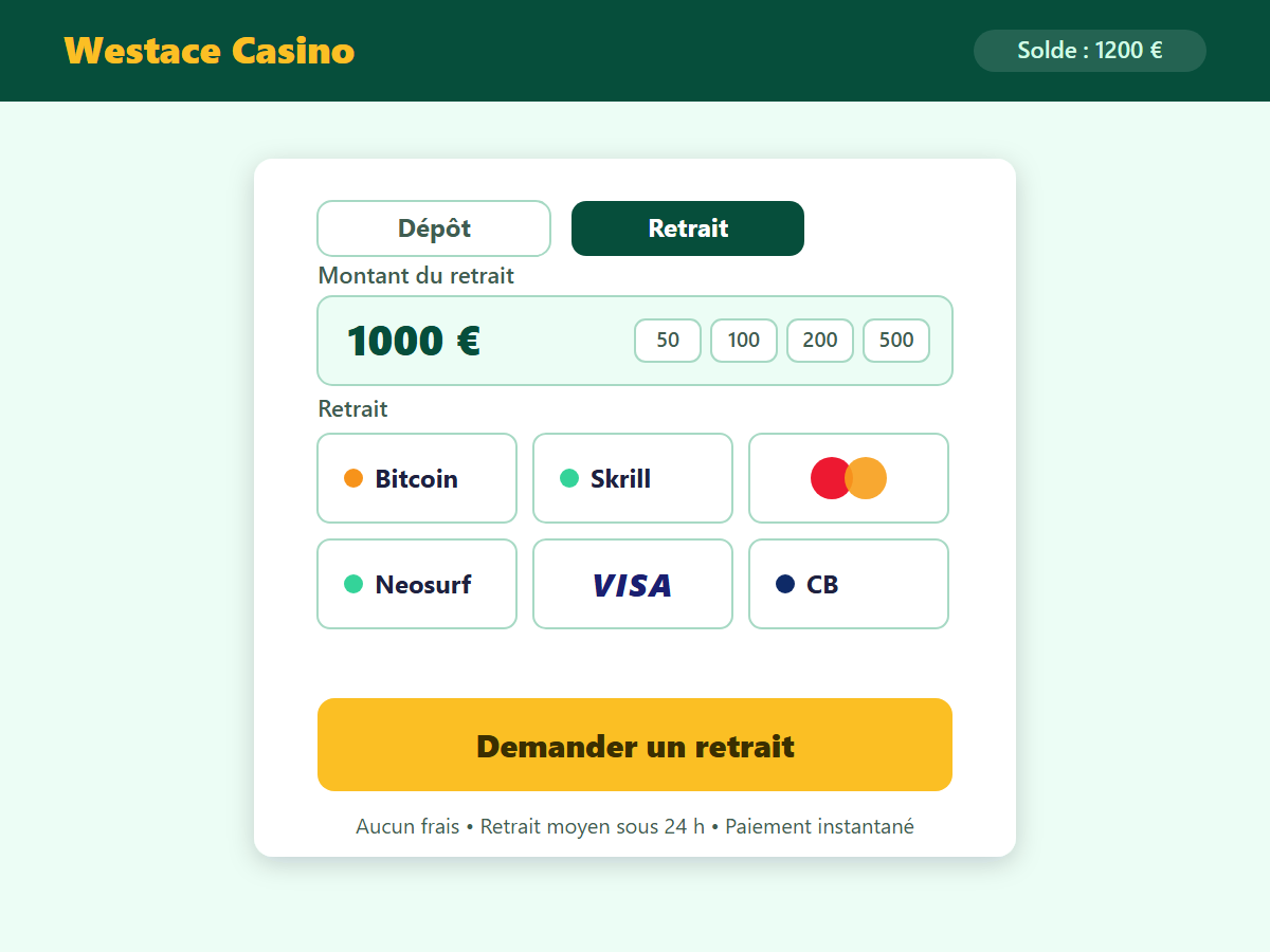 Page de dépôt Westace Casino — méthodes de paiement